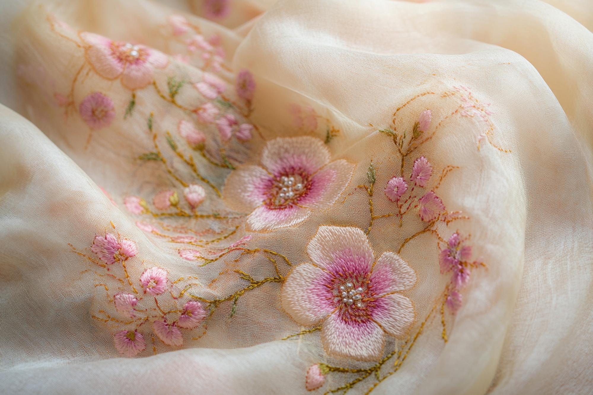 delicate floral embroidery on silk